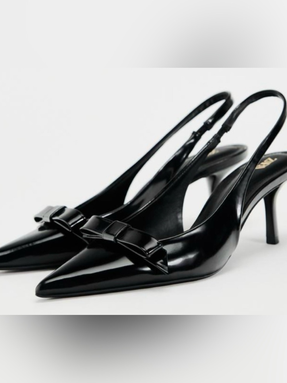 NWT ZARA Black Patent Bow Slingback Pointed Toe Kitten Heels